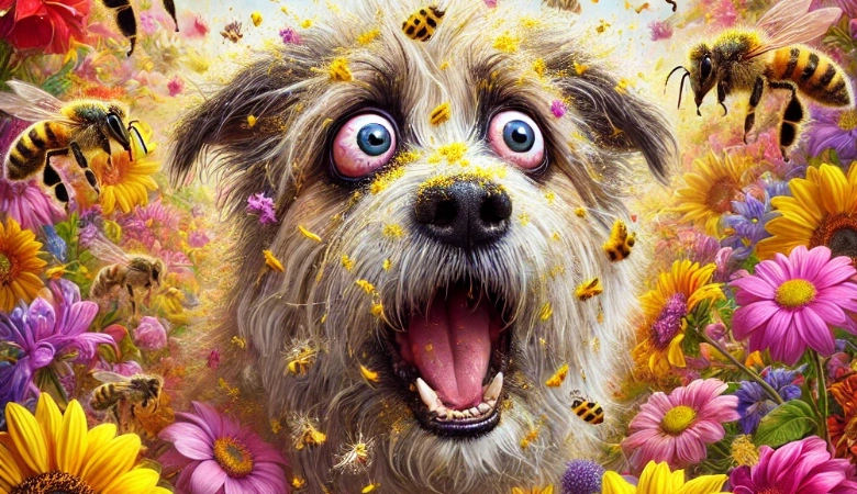 Como afecta la primavera a los perros. Imagen generada por AI con un perro con los ojos en grande y alterado con muchas flores , polen y abejas